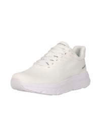 White running shoe made of breathable mesh upper, featuring a textured design, padded collar, and a cushioned, lightweight sole.