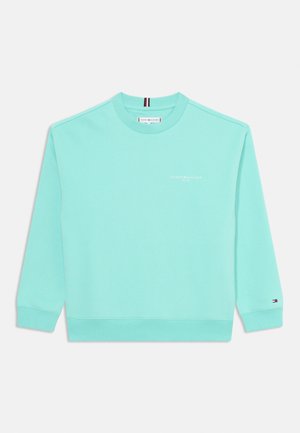 Mätovo zelená mikina s dlhými rukávmi, ribbed manžetami a okrúhlym výstrihom. Obsahuje nenápadné branding na prednej strane a malé logo na rukáve.