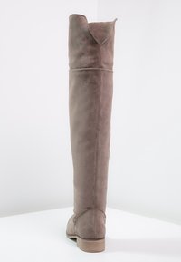 Bota sobre la rodilla en ante gris con una textura suave, punta redondeada y tacón bajo de madera. Presenta una costura sutil a lo largo de la parte posterior.