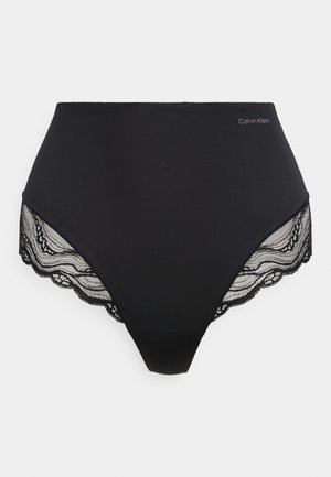 Mutande da donna nere a vita alta con rifiniture in pizzo sui lati e piccolo logo Calvin Klein sulla fascia in vita.