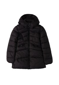 Chaqueta de plumas negra con capucha, que presenta un cierre frontal de cremallera, bolsillos laterales con cremallera y un diseño acolchado con costuras horizontales.