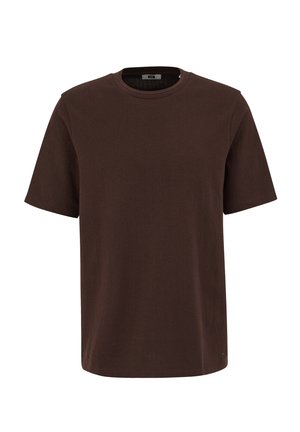 Ruda, trumpomis rankovėmis marškinėliai su apvalia iškirpte. Pagaminti iš tekstūruotos medžiagos, su tiesiu kirpimu ir subtiliu prekės ženklo emblema netoli apačios.