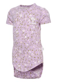 Lila kortärmad body med blommönster och prickiga mönster. Har tryckknappar i botten och en "hummel"-logga på bröstet.