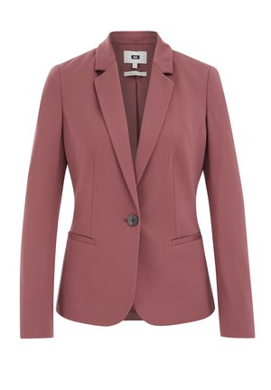Růžový blazer, přizpůsobený design, dlouhé rukávy, zapínání na jeden knoflík, dvě přední kapsy, hladká textura a klopy.