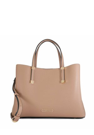 Beige leather tote bag with two top handles, gold hardware accents, and a detachable strap. Smooth texture and structured design.