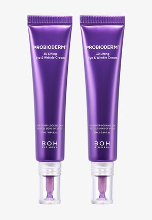 Twee paarse tubes van Probioberm 3D Lifting Eye en Rimpelcrème, elk met doorzichtige doppen en applicatietips, naast elkaar op een witte achtergrond.
