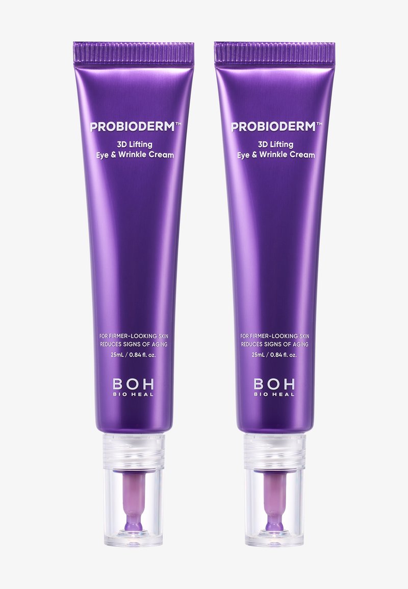 To lilla tuber af Probioberm 3D Lifting Eye og Rynkecreme, hver med klare låg og applikator-spidser, side om side på hvid baggrund.