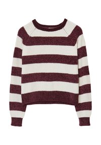 Grobstrickpullover mit kastanienbraun- und cremefarbenen horizontalen Streifen. Verfügt über einen gerippten Halsausschnitt und Bündchen, eine cropped Passform und eine strukturierte Stoffoberfläche.