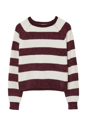Pull en maille épaisse avec des rayures horizontales bordeaux et crème. Présente un col et des poignets côtelés, une coupe courte et un tissu texturé.