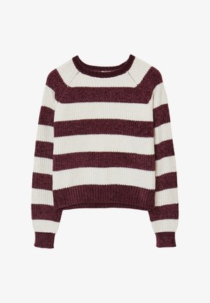 Maglione lavorato a maglia spesso con strisce orizzontali bordeaux e crema. Presenta un colletto e polsini a coste, una vestibilità cropped e un tessuto testurizzato.