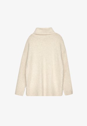 Beige, gebreide trui met een hoge kraag, ingezakte schouders en geribbelde manchetten. Zachte textuur en oversized pasvorm.