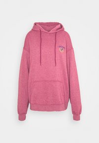 Rosa sweatshirt med huva, långa ärmar och en framficka. Har en liten broderad logotyp på bröstet. Mjuk, texturerad tyg.