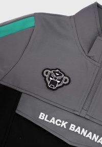Grå jacka med en svart och vit ap-loga, turkosa axelaccenter och "BLACK BANANA"-text i vitt på fållen.