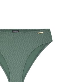 Žalias bikini apatinis trikotažas su tekstūruotu zigzagu raštu, elastingu juosmeniu ir mažyte auksine logotipo akcentu, suteikiančiu papildomo žavesio.