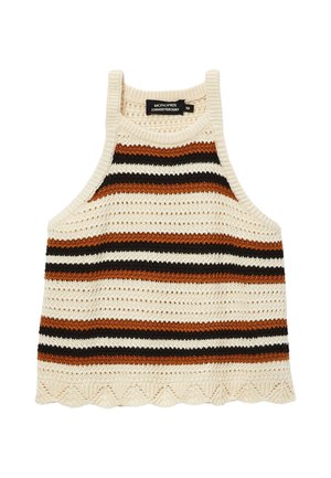 Haut sans manches crocheté avec base crème et rayures horizontales en noir, marron et beige, avec un ourlet festonné.