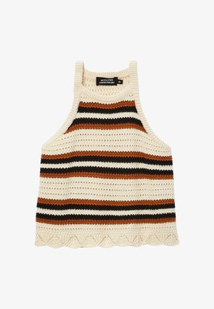 Haut sans manches crocheté avec base crème et rayures horizontales en noir, marron et beige, avec un ourlet festonné.