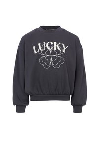 Grijze sweatshirts met een ronde halslijn, ballonmouwen en een elastische zoom. Voorzien van witte geborduurde "LUCKY" tekst en een bloemenmotief.