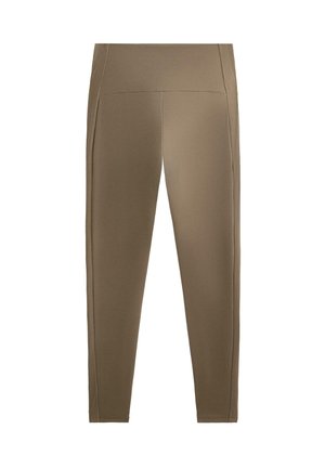 Khaki sportlegging gemaakt van rekbare stof, met een hoge tailleband en verticale ribbelaccenten langs de zijkanten.
