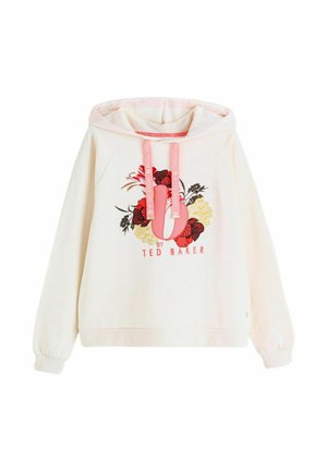 Sweat à capuche crème avec cordons roses, motif floral en rouge, jaune et noir, et inscription « By Ted Baker » sur le devant.
