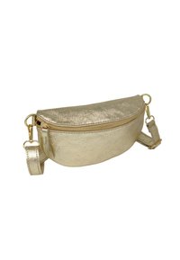 Sac à bandoulière en métal doré avec une forme arrondie, fermeture éclair et bandoulière réglable. Présente une surface texturée et des accents en métal doré.