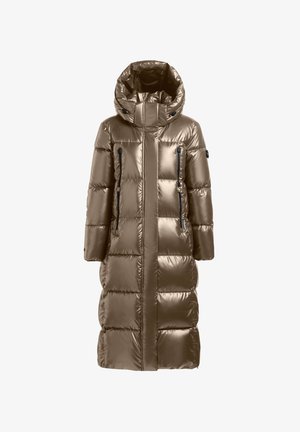 Długa, puchowa kurtka w błyszczącym brązie z wodoodpornym wykończeniem. Posiada kaptur, kieszenie na zamek oraz poziome pikowania dla izolacji.