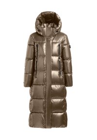 Long, puffer coat in shiny bronze with a waterproof finish. Features a hood, zippered pockets, and horizontal quilting for insulation.