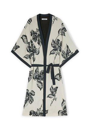Floral kimono robe in cream fabric with black flower patterns, featuring wide sleeves, a tie waist, and contrasting black trim.