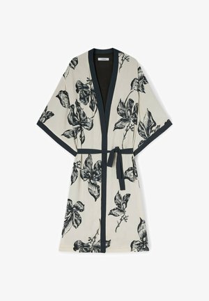 Blumen-Kimono-Robe aus cremefarbenem Stoff mit schwarzen Blumenmustern, verfügt über weite Ärmel, einen Bindegürtel und kontrastierende schwarze Besätze.