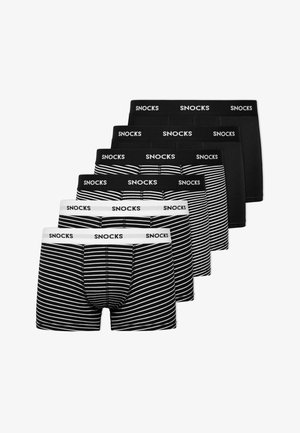 Sieben Paare Herren-Boxershorts in Schwarz und Weiß, einige mit einem gestreiften Muster, ausgestattet mit einem elastischen Bund mit Markenlogo.
