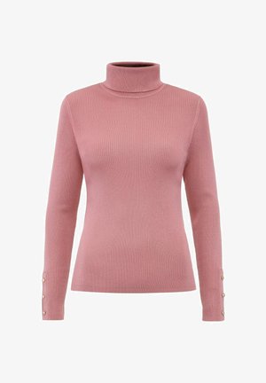 Prążkowany sweter z golfem w delikatnym różowym kolorze, z długimi rękawami ozdobionymi złotymi guzikami przy mankietach oraz dopasowanym krojem.