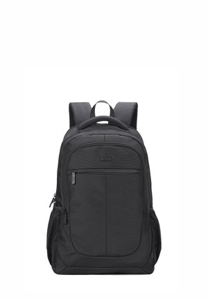 Black backpack made of durable fabric with padded shoulder straps, front pocket, side mesh pocket, and a top handle for easy carrying.
