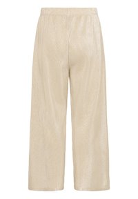 Wide-leg trousers in a shimmering light beige fabric, featuring a ribbed texture and an elastic waistband.