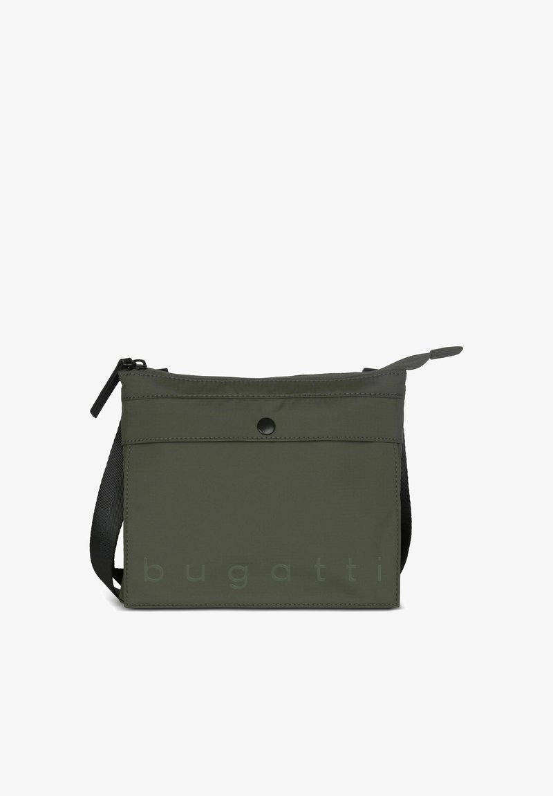 Compact olijfgroene schoudertas met een voorvak met drukknoop, ritssluiting, zwarte verstelbare riem en een geperst "bugatti"-logo aan de voorkant.