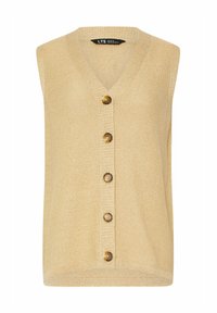 Beige ärmlös kardigan med V-ringning, stickad struktur och fem runda knappar fram. Mjukt material med en subtil glans.