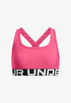 Różowy stanik sportowy z krzyżującym się tyłem, wykonany z gładkiego materiału. Posiada czarną taśmę z napisem "UR UNDER" w białych literach.