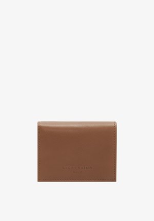 Kompakte braune Lederbrieftasche mit gesteppten Kanten und geprägtem "Liebeskind Berlin"-Logo in der Mitte der Vorderseite.