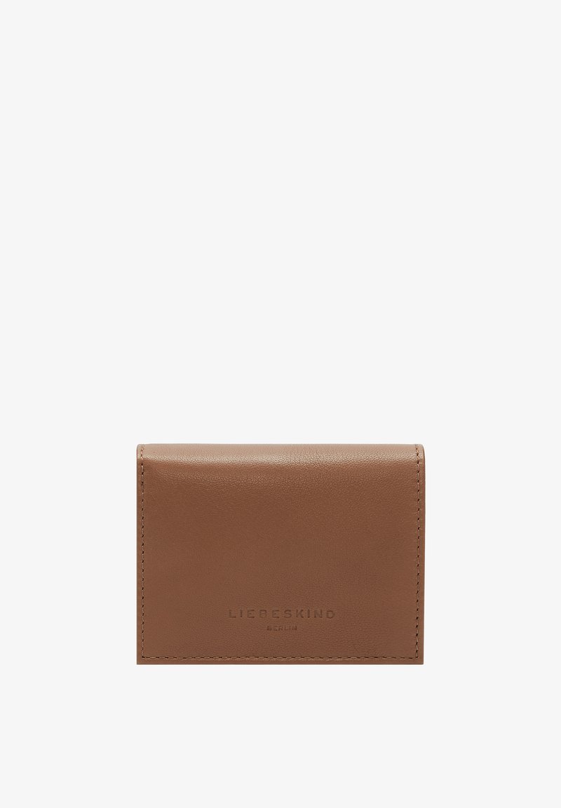 Portefeuille compact en cuir brun avec des bords cousus et le logo embossé "Liebeskind Berlin" centré à l'avant.