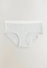 Mutande in cotone grigio con una cintura elastica bianca, caratterizzate da testo embossato "NEXT" e un piccolo logo a forma di cuore sulla parte anteriore. Texture liscia.