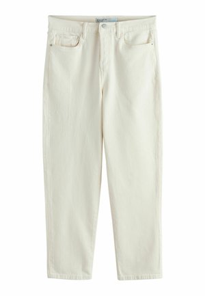 Off-white jeans met rechte pijpen, voorste knoop en rits, riemlussen en een ontwerp met vijf zakken tegen een witte achtergrond.