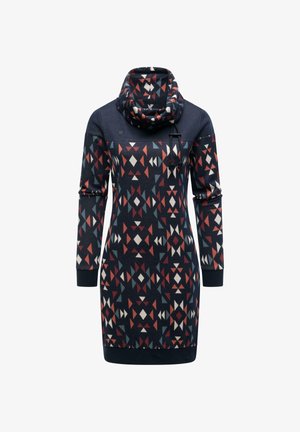 Long-sleeve navy dress with geometric red, white, and grey patterns, featuring a large cowl neck and drawstring detail.