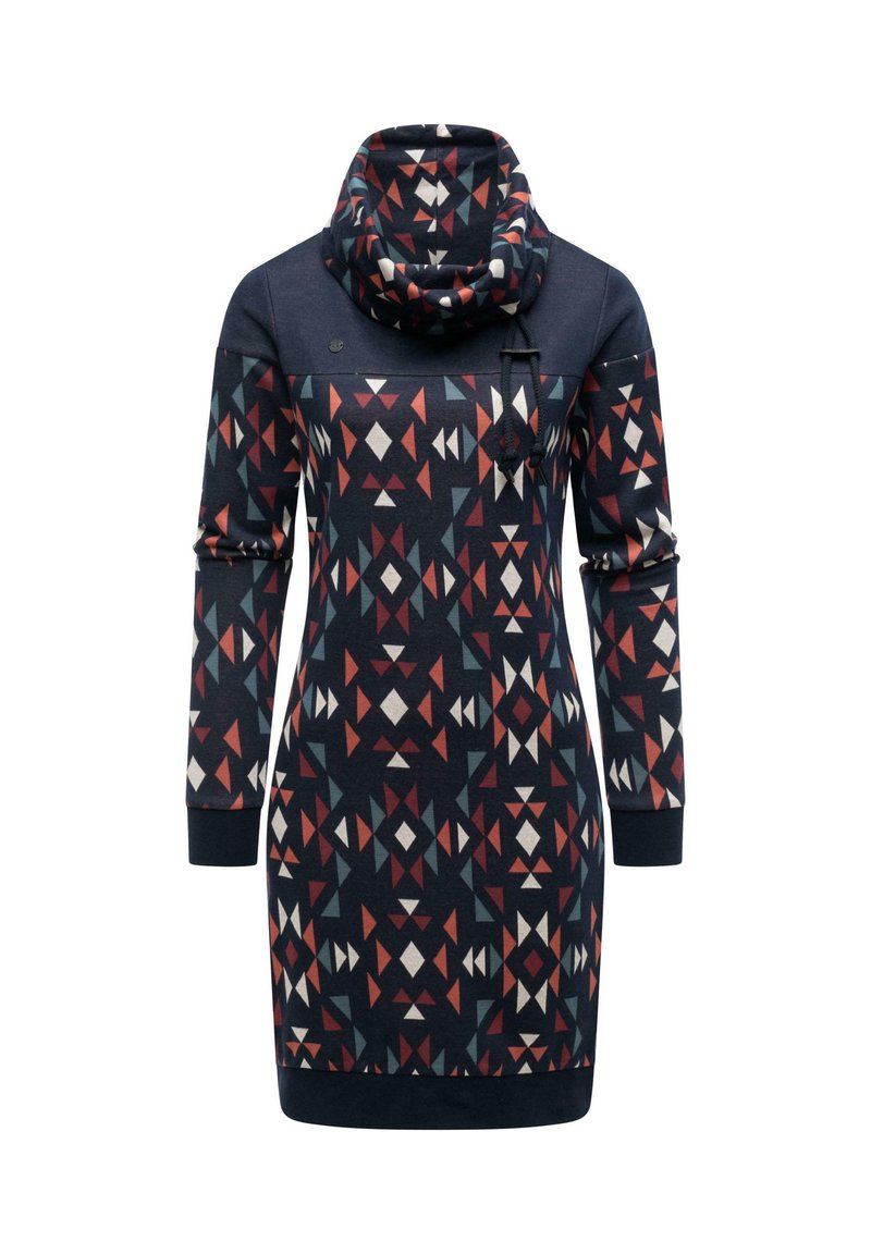 Abito navy a maniche lunghe con motivi geometrici rossi, bianchi e grigi, dotato di un ampio collo a drappeggio e dettagli con cordino.