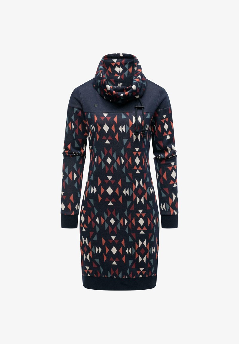 Abito navy a maniche lunghe con motivi geometrici rossi, bianchi e grigi, dotato di un ampio collo a drappeggio e dettagli con cordino.