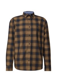 Košile s dlouhými rukávy, button-up, hnědým a černým kostkovaným vzorem a standardním límečkem.