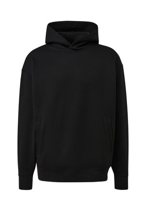 Schwarzer Kapuzenpullover aus weichem Stoff. Mit Kängurutasche, gerippten Bündchen und lockerem Schnitt. Glatte Textur und minimalistisches Design.