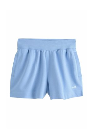 Light blue casual shorts with ribbed elastic waistband, side pockets, and small white "self." logo on lower left leg.