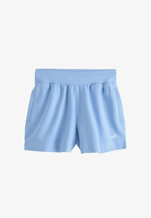 Light blue casual shorts with ribbed elastic waistband, side pockets, and small white "self." logo on lower left leg.
