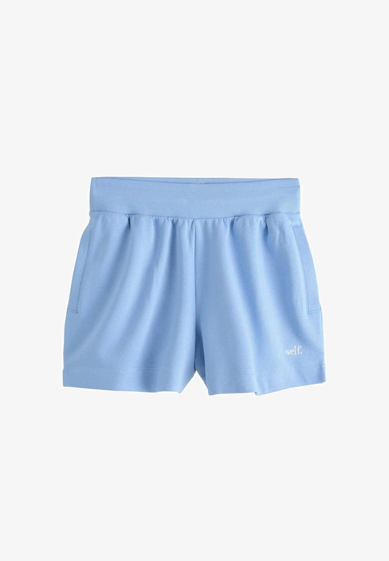 Lichtblauwe casual shorts met een geribbelde elastische tailleband, zijzakken en een klein wit "self." logo op het linker onderbeen.