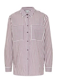 Striped button-up shirt in white and burgundy, featuring two front pockets with horizontal stripes, long sleeves, and a classic collar.