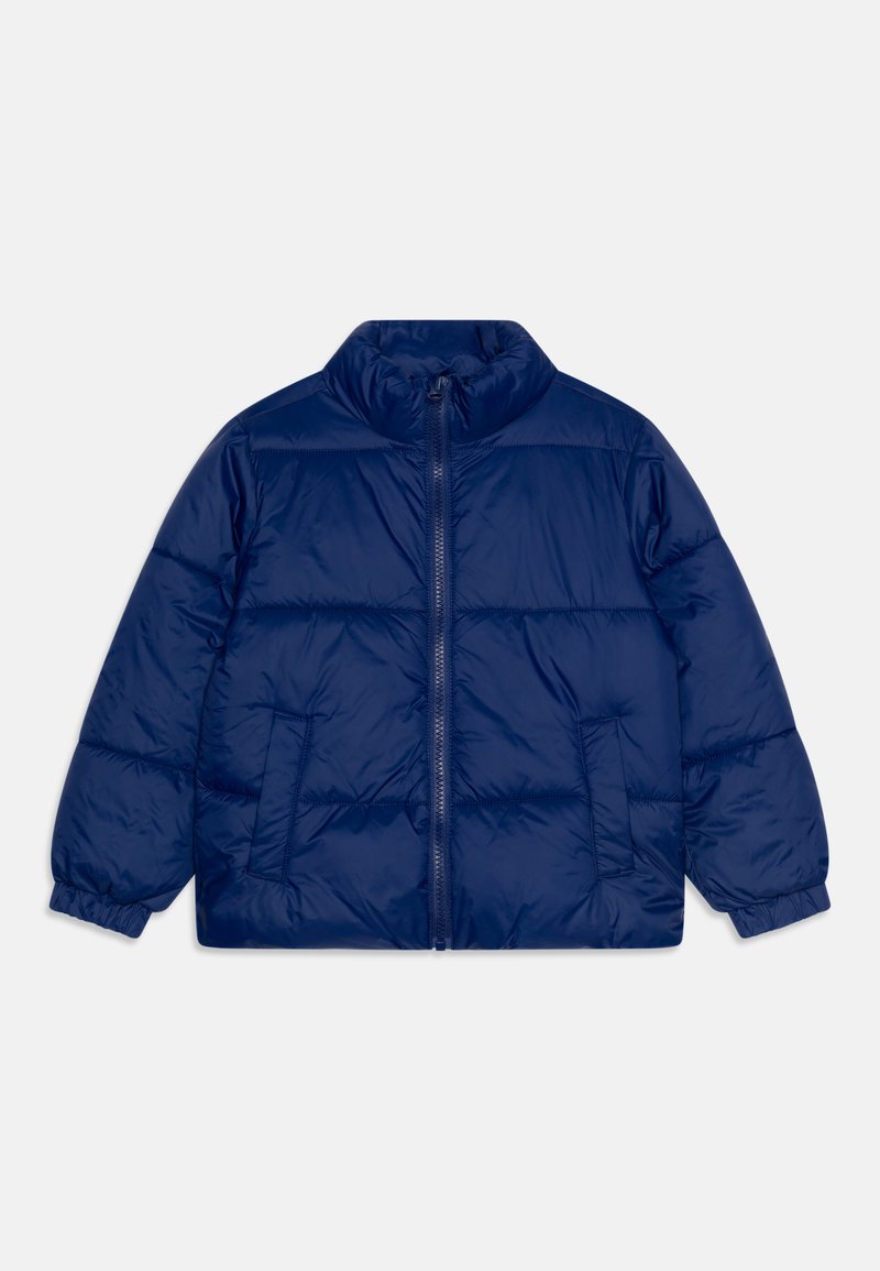 Giacca a vento blu navy con colletto alto, zip frontale, polsini in elastico e tasche laterali; il motivo trapuntato aggiunge texture e calore.