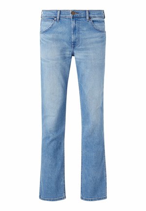 Lichtblauwe denim jeans met een recht model, met vijf zakken, een knoopsluiting en contrasterende garenstiksel.